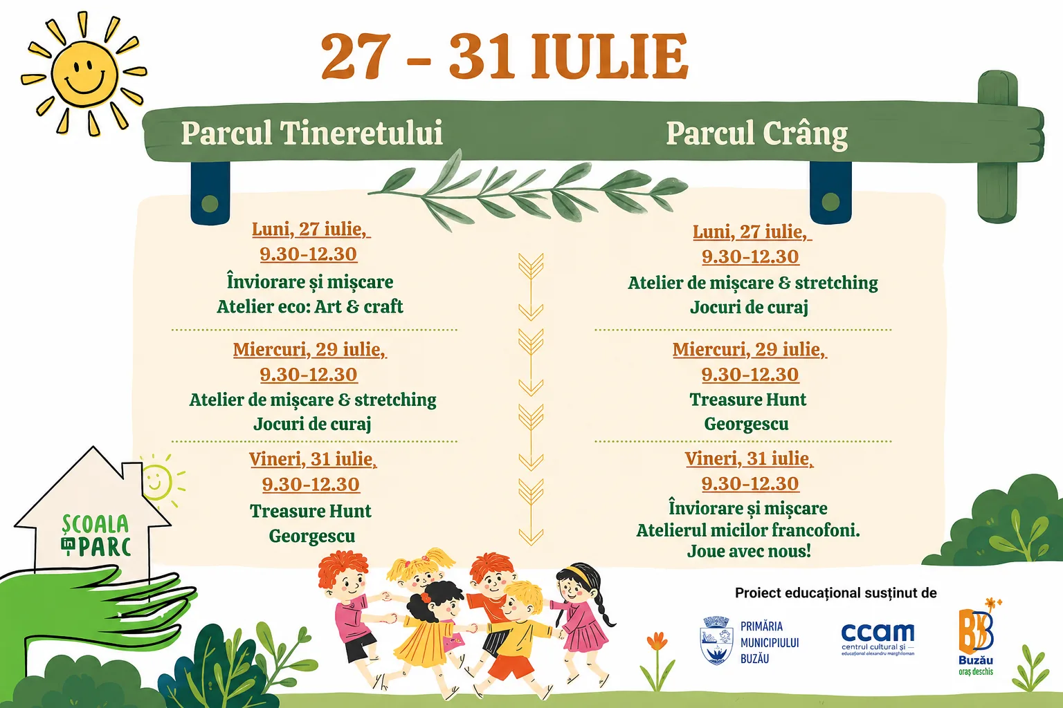 „Școala în Parc” continuă la Buzău: activități gratuite pentru copii în Parcul Tineretului și Parcul Crâng